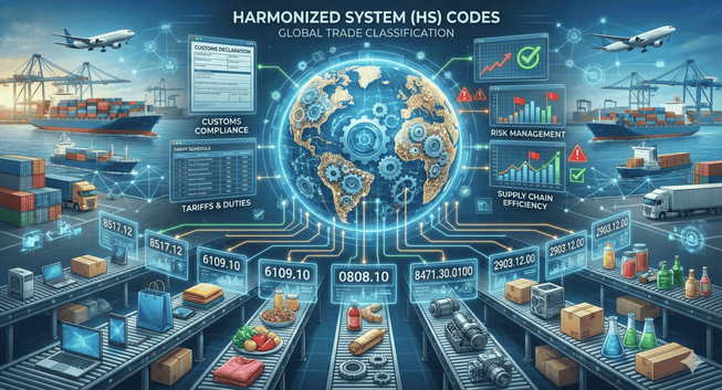 Futuristic infographic illustrating the Harmonized System (HS) for global trade classification. Products like electronics, food, and textiles on conveyor belts are scanned and assigned specific HS codes (e.g., 8517.12, 6109.10) linked to a central digital globe. Dashboards for customs compliance, tariffs, and risk management surround the scene against a busy logistics background