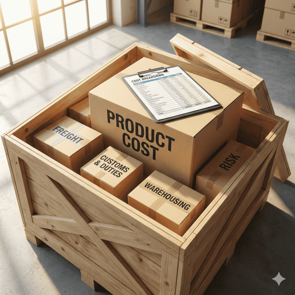 A wooden shipping crate containing boxes labeled Product Cost, Freight, Customs, Warehousing, and Risk, illustrating Total Cost of Ownership