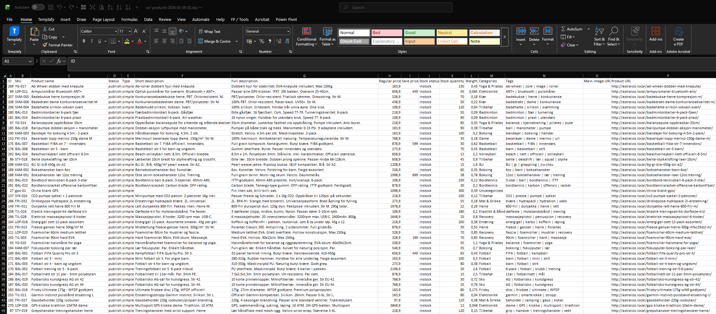 Sextant Export — output in Excel
