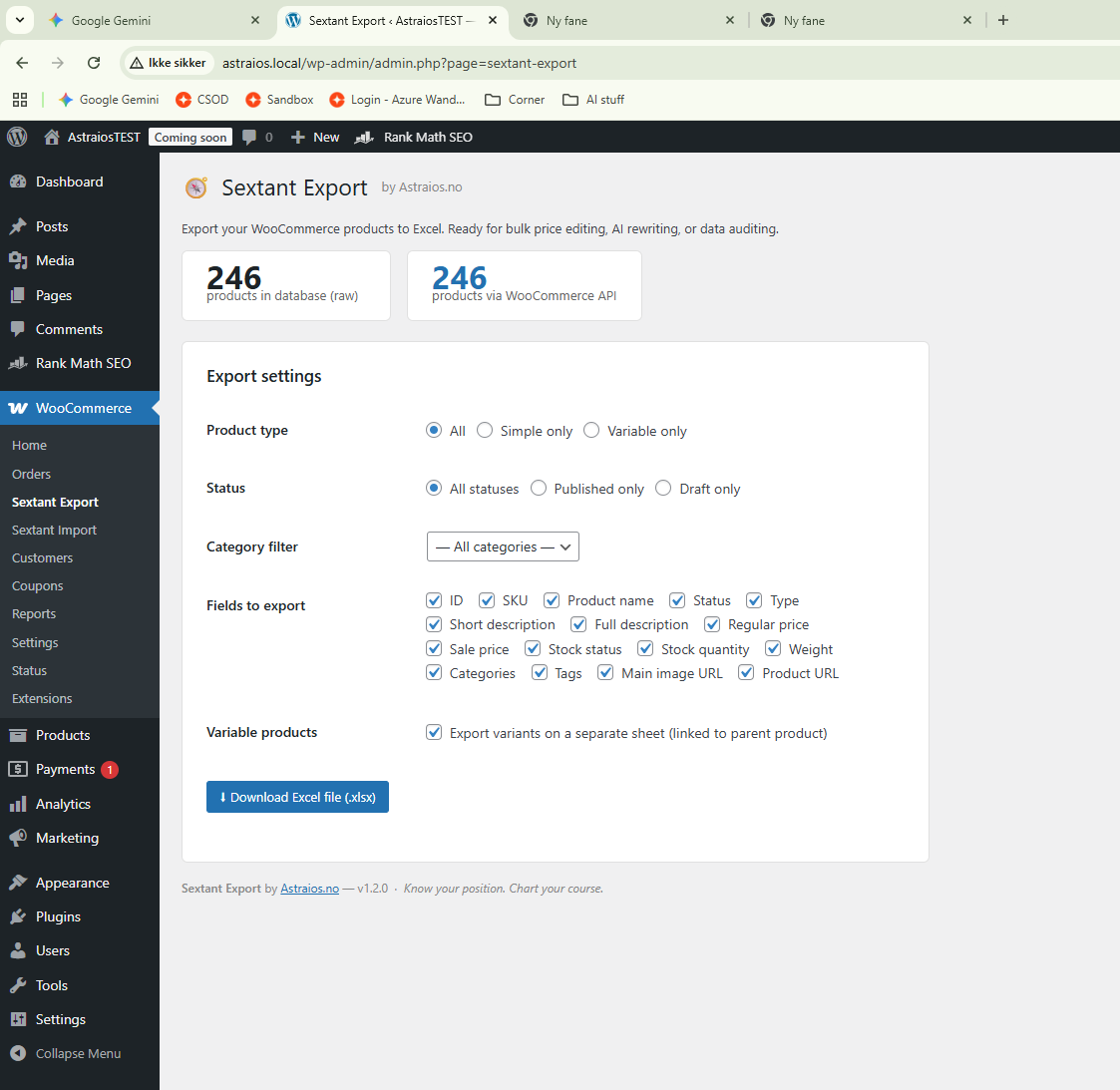 Sextant Export — settings panel in WordPress admin