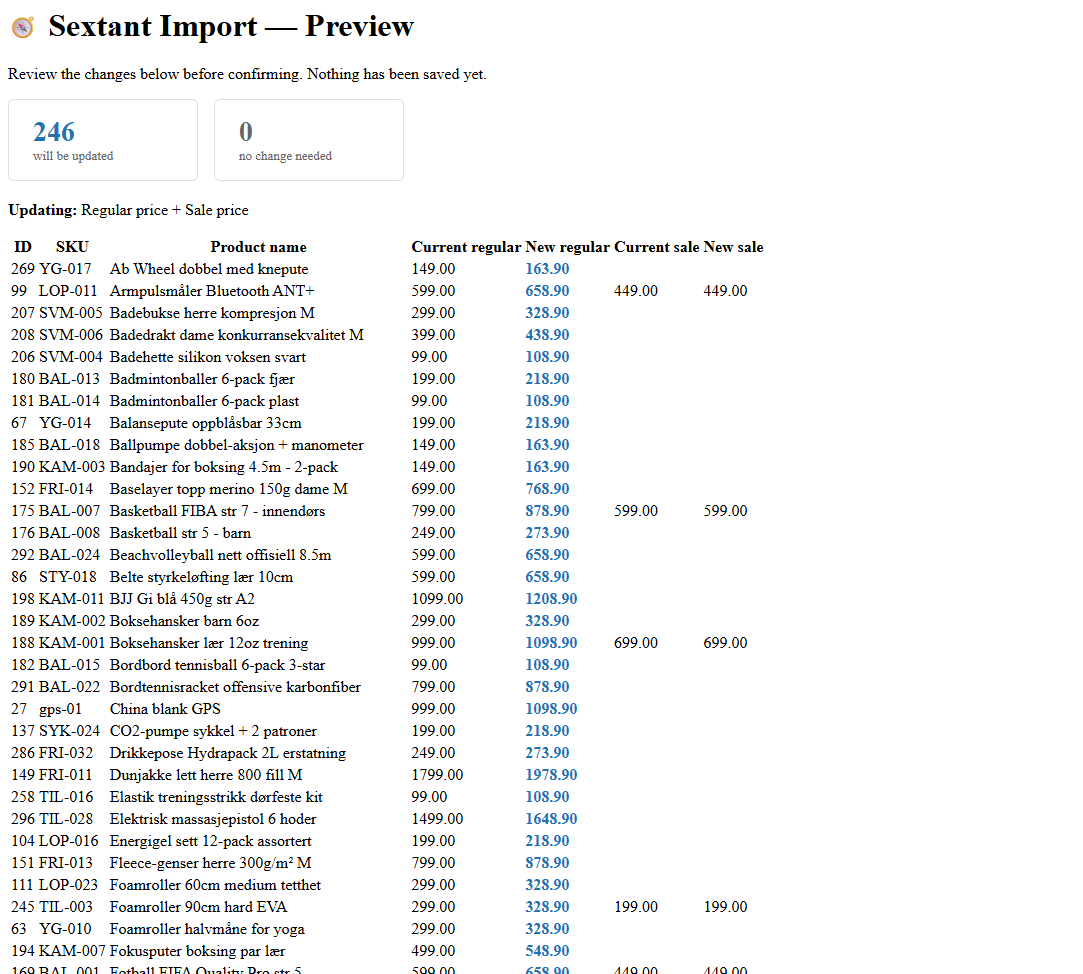 Sextant Import preview screen — showing price changes before saving