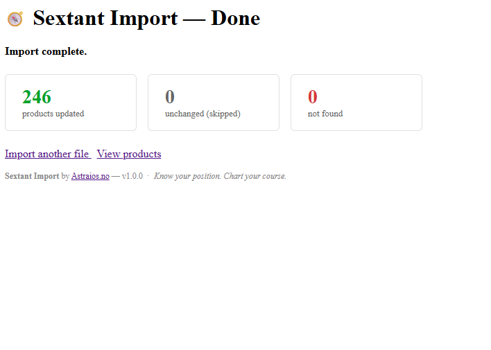 Sextant Import result — updated, skipped, not found